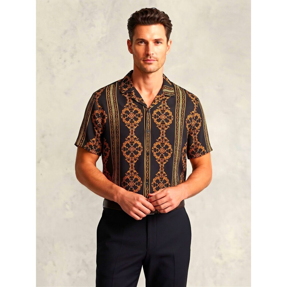 Casa Moda Couture Men’s Woven Camp Collar Geometric Button-Up Shirt